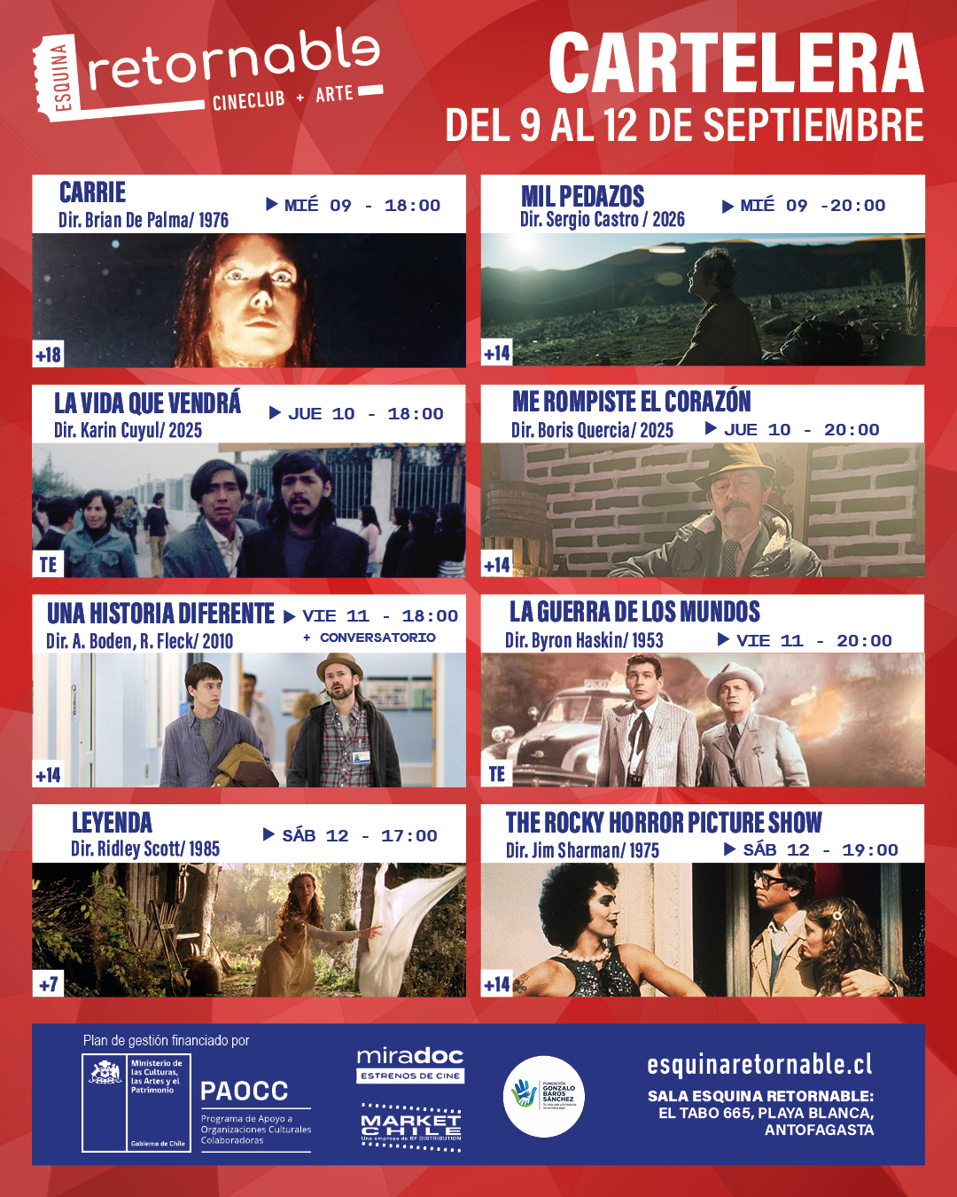 Esquina Retornable, cartelera del 9 al 12